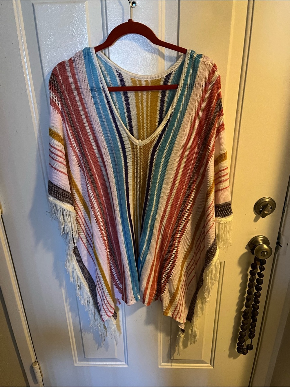 Striped Fringe Knit Poncho - Multicolor